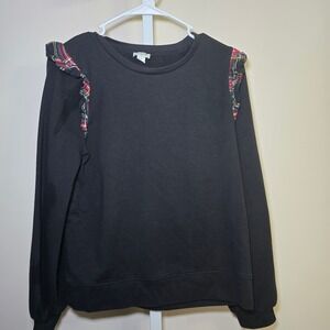 J. Crew Ladies Black Sweatshirt Medium Plaid Ruffle Shoulder‎ Long Sleeve Top